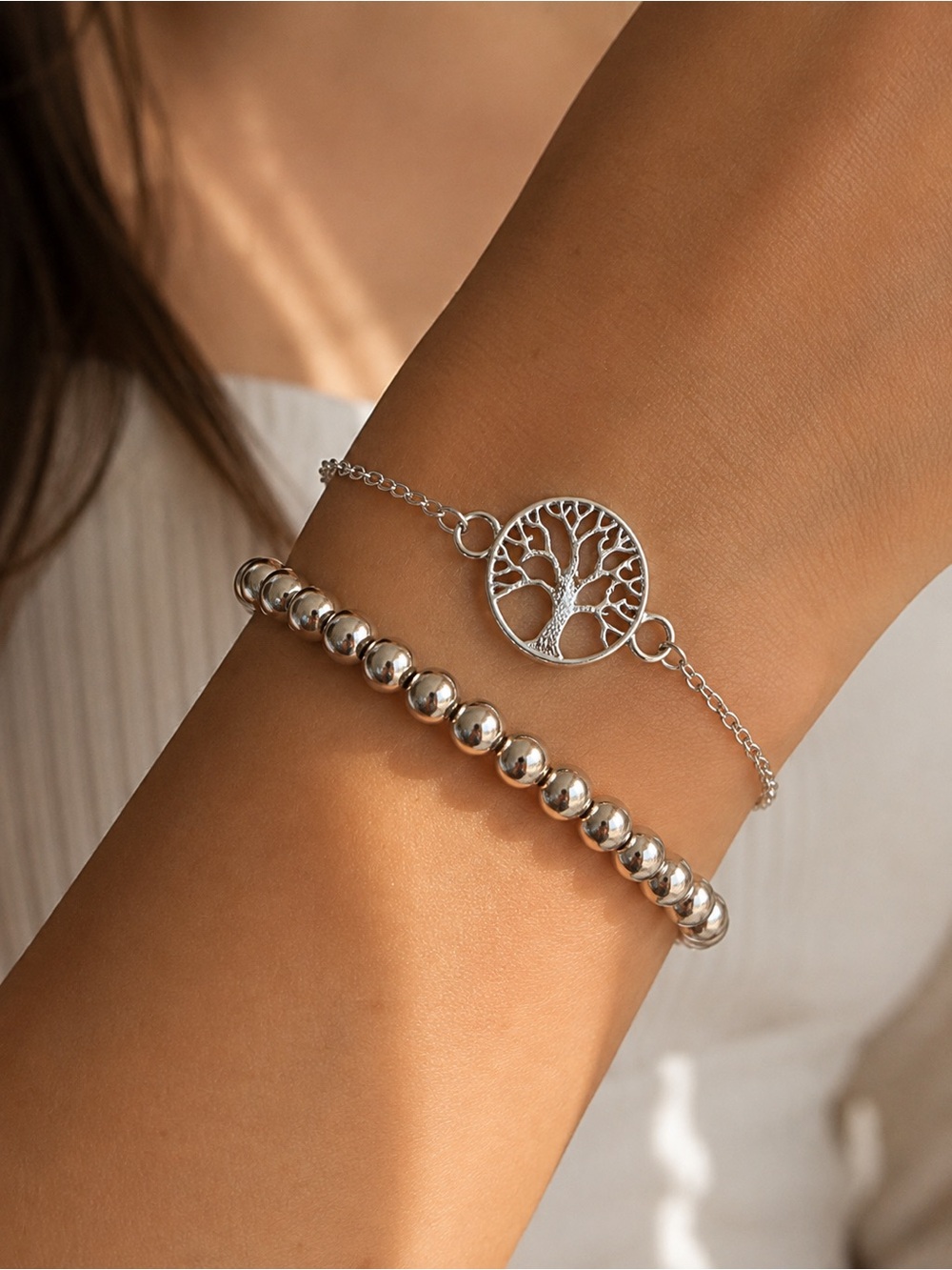 Silver Tree of Life Bracelet Set – 2 Piece